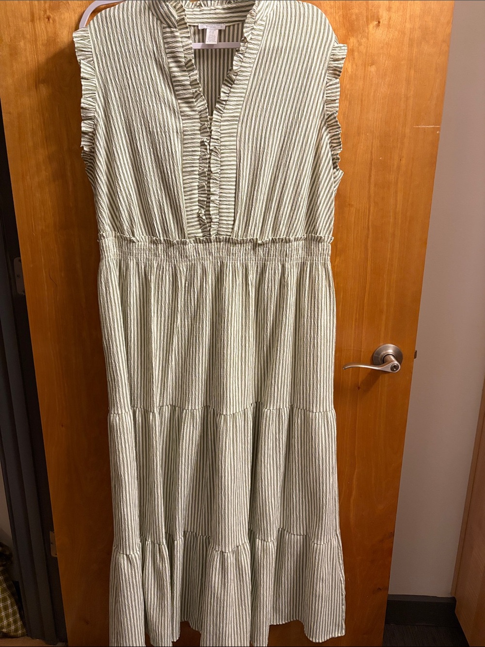 London Times Sage Green & White Striped Ruffle Tiered Dress